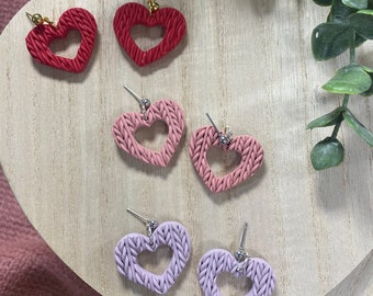 Sweater Knit Heart Earring, Heart Polymer Clay Earring, Knit Dangle Earrings, Statement Earrings, Valentine's Day Earring, Gift for Her