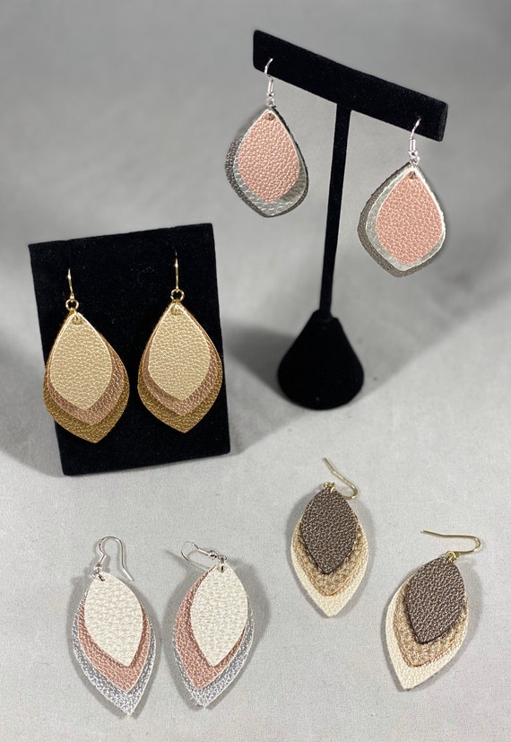 Set of Faux Leather Earrings Gold and Silver Set Layered