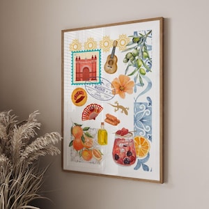 Puede incluir: Un estampado enmarcado con ilustraciones de acuarela de elementos españoles. Incluye un sello con el texto "Madrid España", una guitarra, naranjas, un abanico y un tarro de bayas. La obra de arte tiene un fondo blanco con elementos decorativos azules y amarillos.