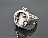 925 Sterling Silver Crescent Moon Locket Ring Moon and Stars Celestial Sacred Symbols Talisman Occult Secret Compartment