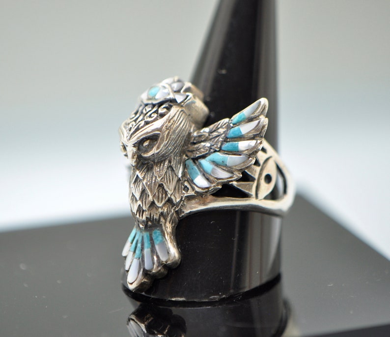 Eliz Natural Turquoise,Mother of Pearl .925 Sterling Silver Wise Owl Ring