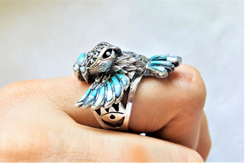 Eliz Natural Turquoise,Mother of Pearl .925 Sterling Silver Wise Owl Ring