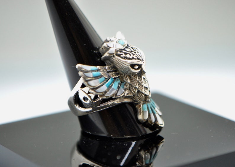 Eliz Natural Turquoise,Mother of Pearl .925 Sterling Silver Wise Owl Ring