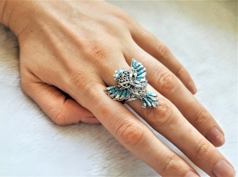 Eliz Natural Turquoise,Mother of Pearl .925 Sterling Silver Wise Owl Ring