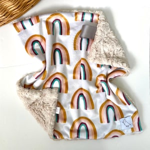 Retro Rainbow Baby Lovey Blanket: Minky & Faux Fur, Sensory Ribbon