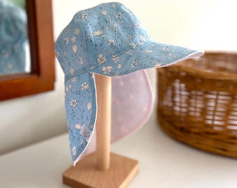 Blue Floral Baby Sun Hat: Reversible Cotton Summer Hat