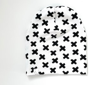 Black and White X Slouchy Beanie: Soft Cotton Knit. Newborn to Adult Sizes
