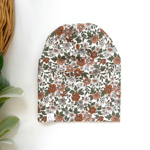 Rust Floral Slouchy Beanie: Soft Cotton Spandex Knit