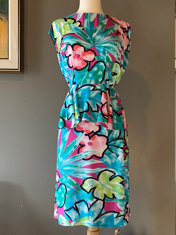 80's does 40's Rayon Print Dress Medium