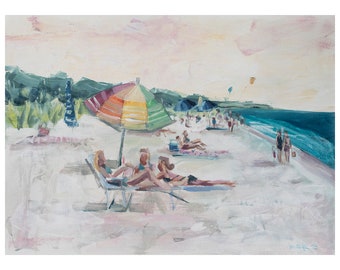 May include: An impressionistic painting of a beach scene. A colorful umbrella provides shade for beachgoers. People are relaxing on the sand and in the water. The sky is a soft pink and the ocean is a deep blue.