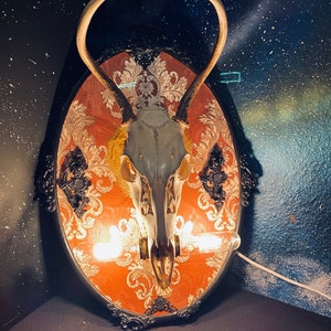 May include: A deer skull mounted in an oval frame with a decorative, ornate design. The frame is black with gold accents and the background is a red and gold patterned wallpaper. The skull is white with a gray patina and has large antlers.