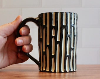 Black & White carved ceramic mug, wheel thrown
