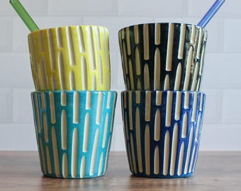 Hand Carved Ceramic Latte Cup | 10 oz Coffee Cup with Glass Straw