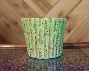 Chartreuse & Tan Speckled carved ceramic cocktail glass, wheel thrown