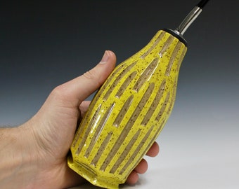 Yellow & Tan Speckled Carved Ceramic Oil/Soap Dispenser, wheel thrown