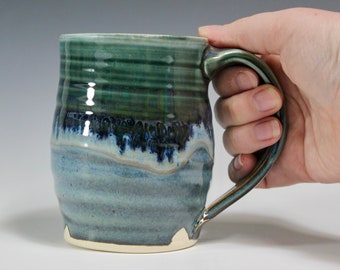 Dark Green & Blue ceramic mug, wheel thrown