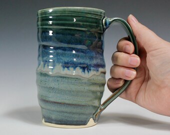 Dark Green & Blue Large ceramic mug, wheel thrown