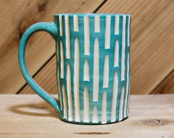 Aqua & White carved ceramic mug, wheel thrown