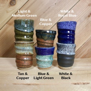 Set of speckled ceramic shot glasses with names of some color options