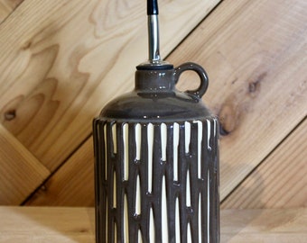 Dark Brown & White carved ceramic moonshine jug, Briggan + RD Collab