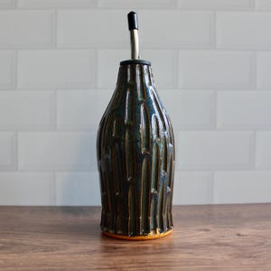 Dark Blue & Yellow Orange Carved Ceramic Oil/Soap Dispenser, wheel thrown