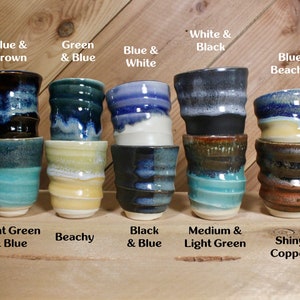 Set of ceramic shot glasses with specific glaze names