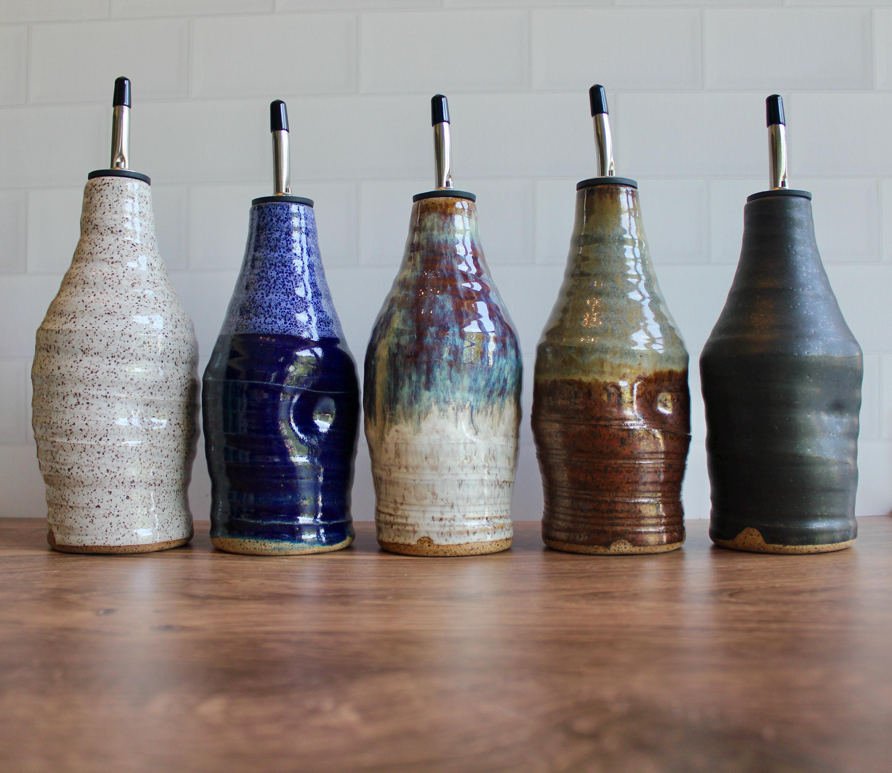 Speckled Ceramic Olive Oil Bottle – 10–12 Oz | Handmade Pottery
