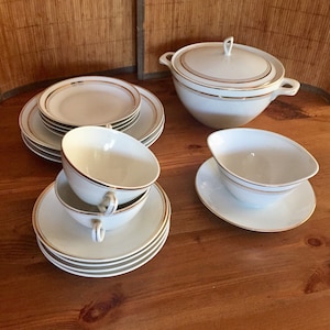 Midcentury Porcelain Set Chodziez Poland  Soup Tureen, Soup Bowls w Handles and Underplates, Dinner, Salad Plates, Gravy Sauce Boat 16 pcs