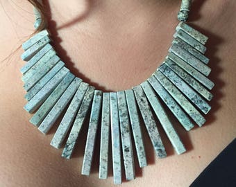 Vintage Turquoise Jasper Statement Necklace Cleopatra Fan Bib Collar Necklace with Screw Closure Block Polished Matte Beads MS21