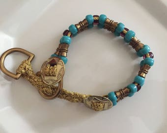 Turquoise Beaded Dog Cat Martingale Collar, Boho hippie dog collar, boho cat collar