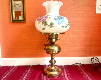 Vintage Brass Hurricane Lamp: Hand-Painted Butterfly Milk Glass Accent