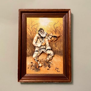 Vintage Relief Framed Art Fiddler Judaica Original Signed Artwork Wall Decor 14 1/4&quot;х10 1/4”
