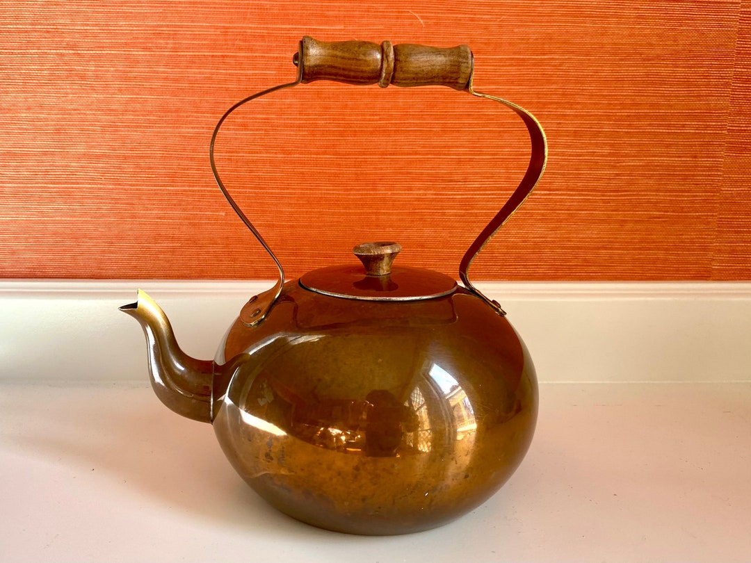 Vintage Old Dutch Copper and Brass Teapot Kettle With Wooden Handles