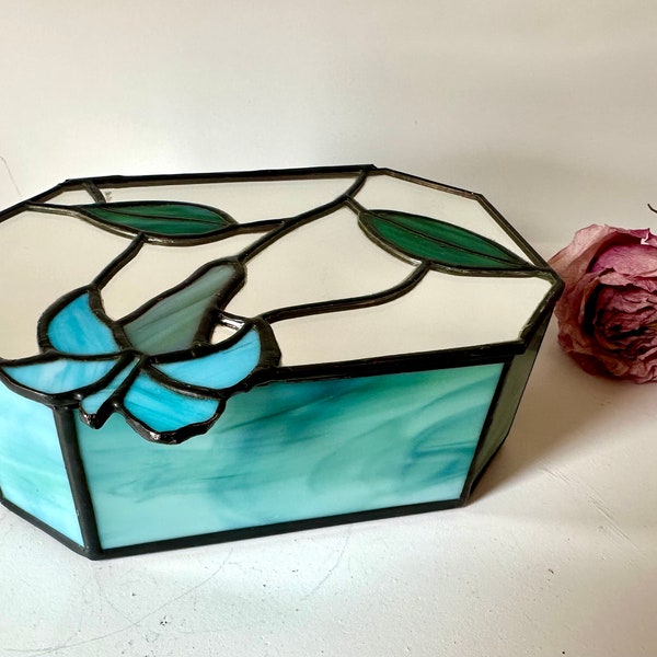 Vintage Stained, Swag And Mirror Glass Rectangular Jewelry Box Gift Box Casket Box Blue And Green Morning Glory Floral