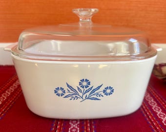 Vintage Corning Ware Casserole: Liter Blue Cornflower with Pyrex Lid