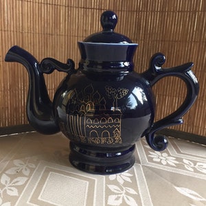Vintage Porcelain Teapot Coffee Pot Dark Blue Cobalt 24K Gold Novgorod 1974 Russia USSR Hand Painted LS7 image 2