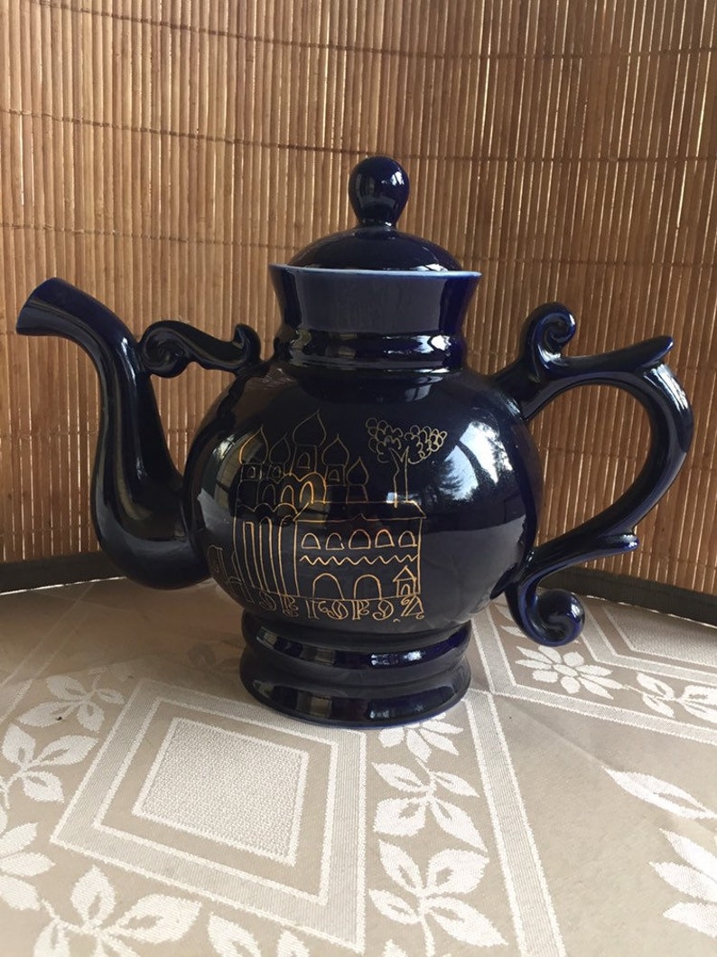 Vintage Porcelain Teapot Coffee Pot Dark Blue Cobalt 24K Gold Novgorod 1974 Russia USSR Hand Painted LS7 image 2