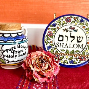 Handpainted Colorful Honey Pot And Shalom Wall Plate Set Vintage Israel Pottery Clay Floral Balian Jerusalem Ceramics Judaica