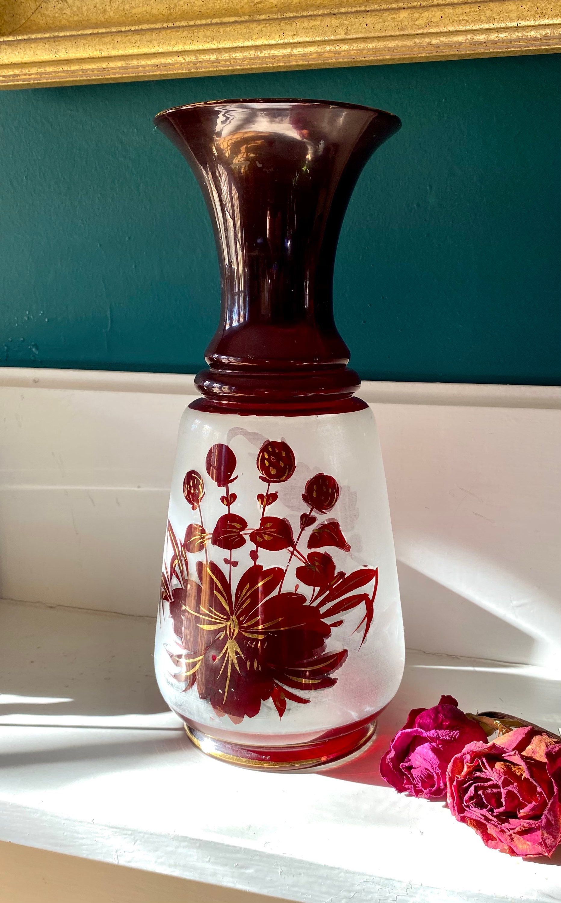 Antique Bohemian Ruby Red Glass Vase With Gold Details Collectible Hand ...