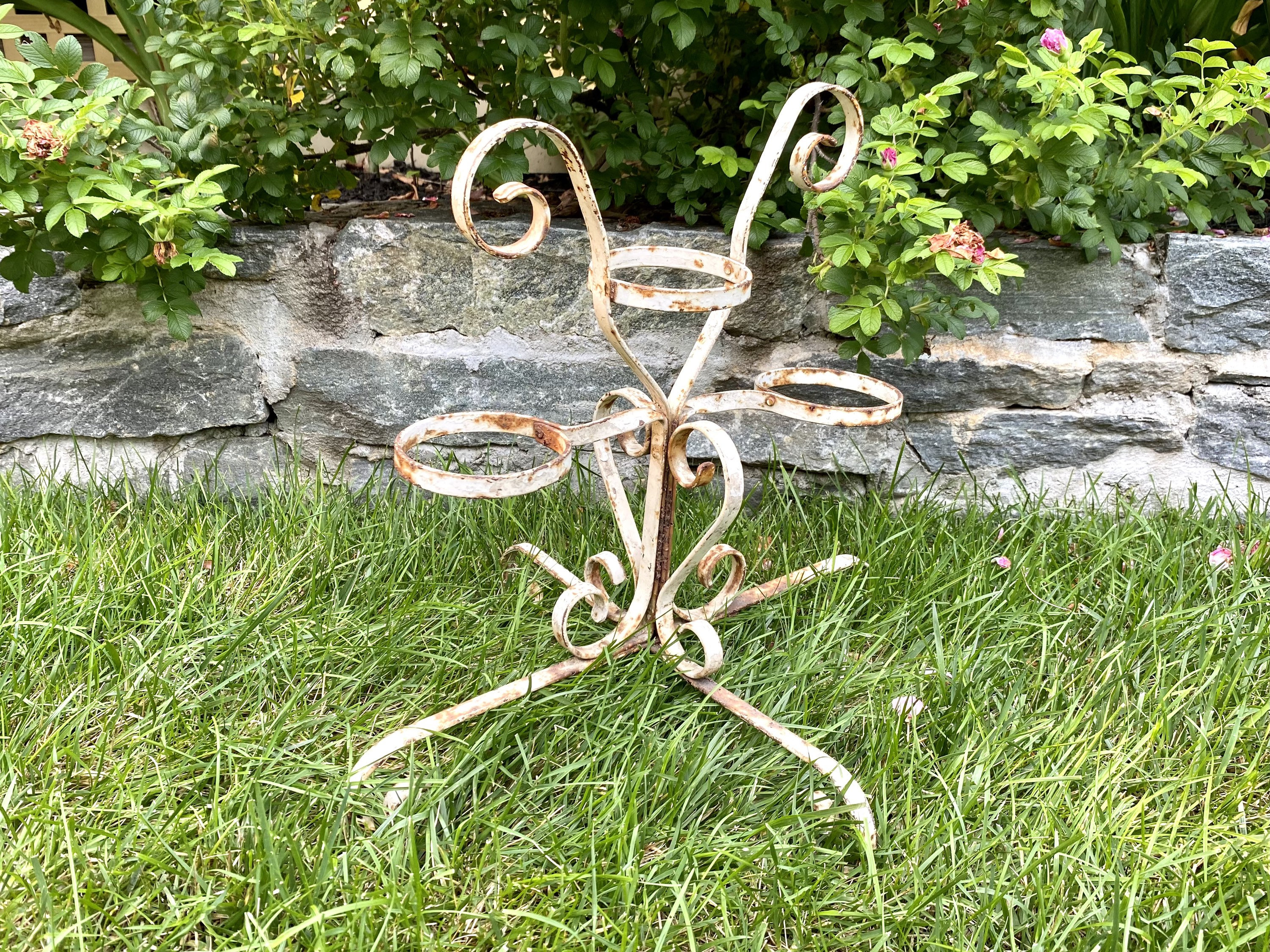 Antique Victorian Wrought Iron Planter, 3 Rings , White Chippy