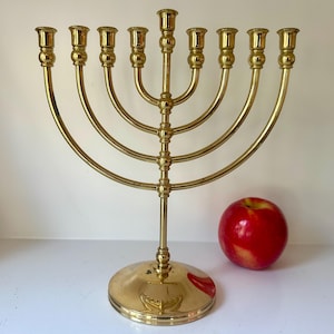 Polished Brass Hanukkah Menorah: Traditional Jewish Candelabra, 10&quot; Tall
