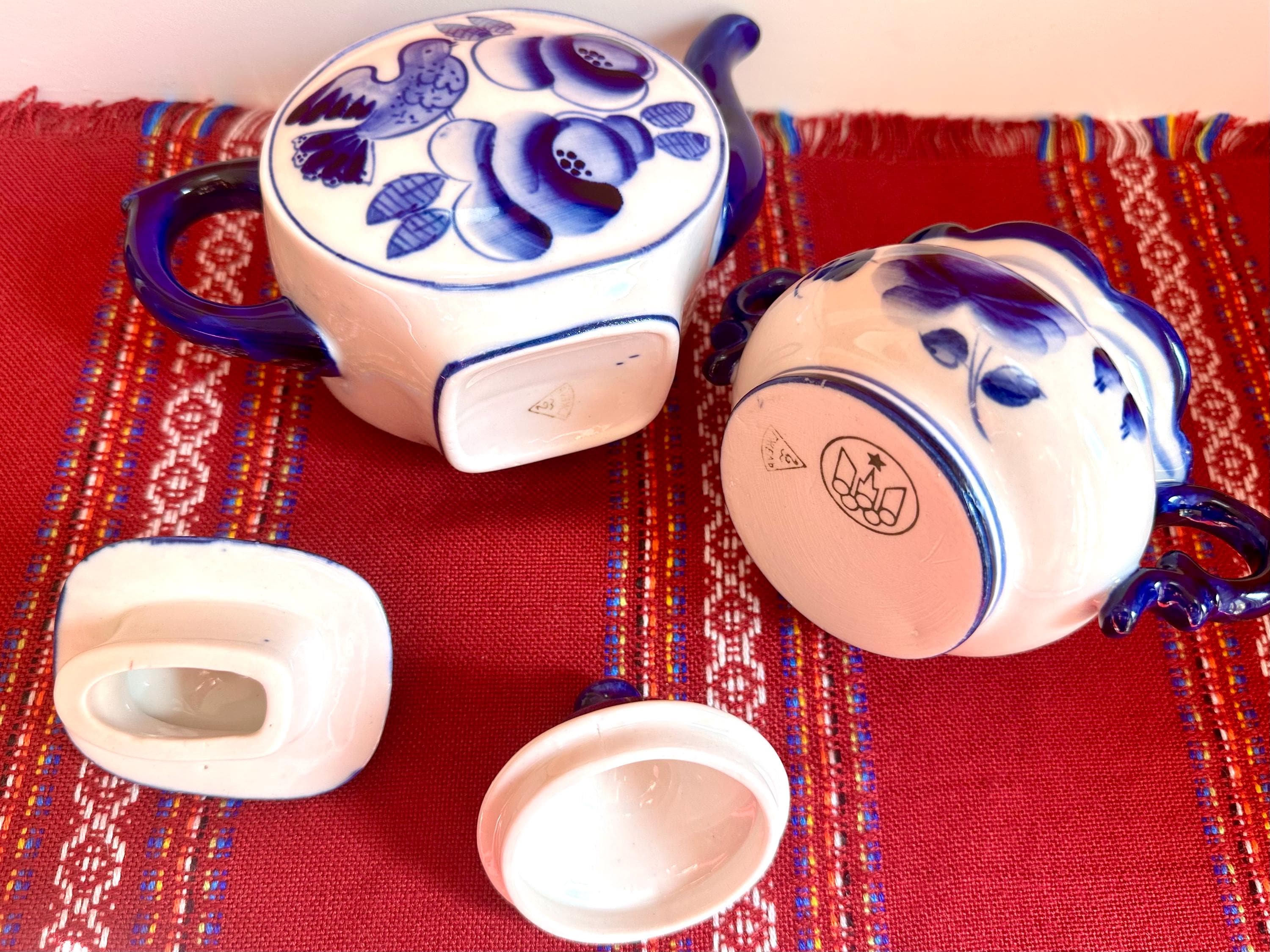 Soviet USSR Era Gzhel Cobalt Blue and White Porcelain Floral Tea