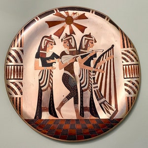 Beautiful Round Hanging Egyptian Brass Copper Silver Overlay Tray Platter Charger Cairoware Salver
