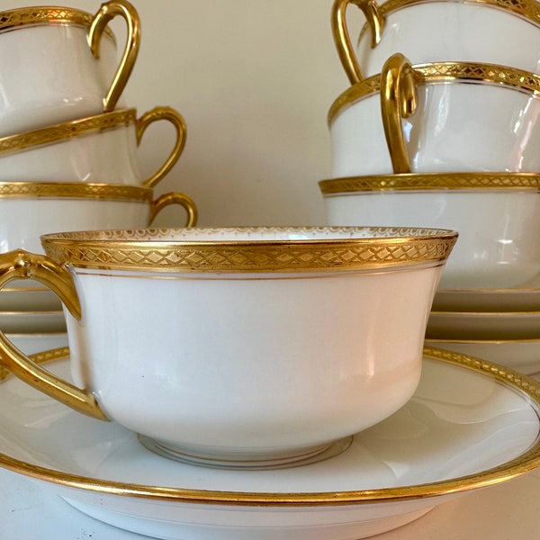 Antique Haviland Limoges France Bone China Set Tea Cups And Saucers For 7 people White Bone China With Heavy Gold Textured Trim 14 Pieces