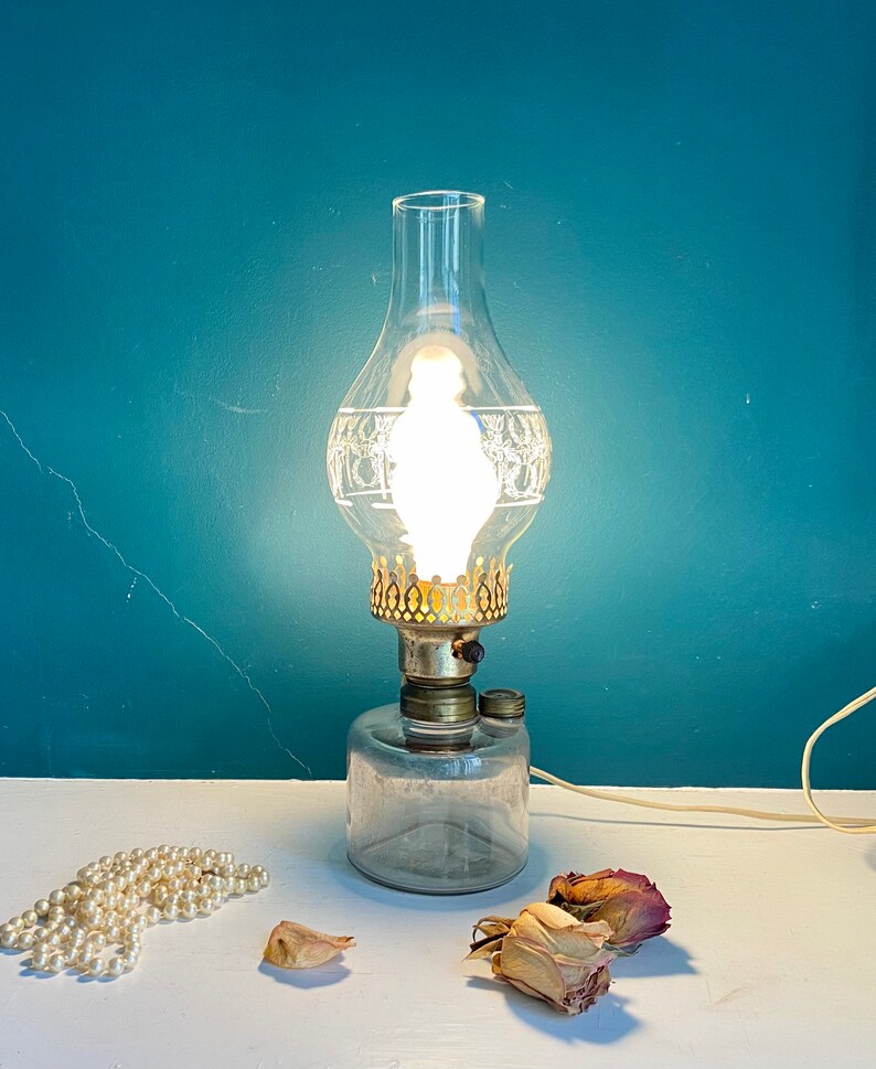 Antique Kerosine Oil Lamp Electrified Stenciled Chimney Etsy