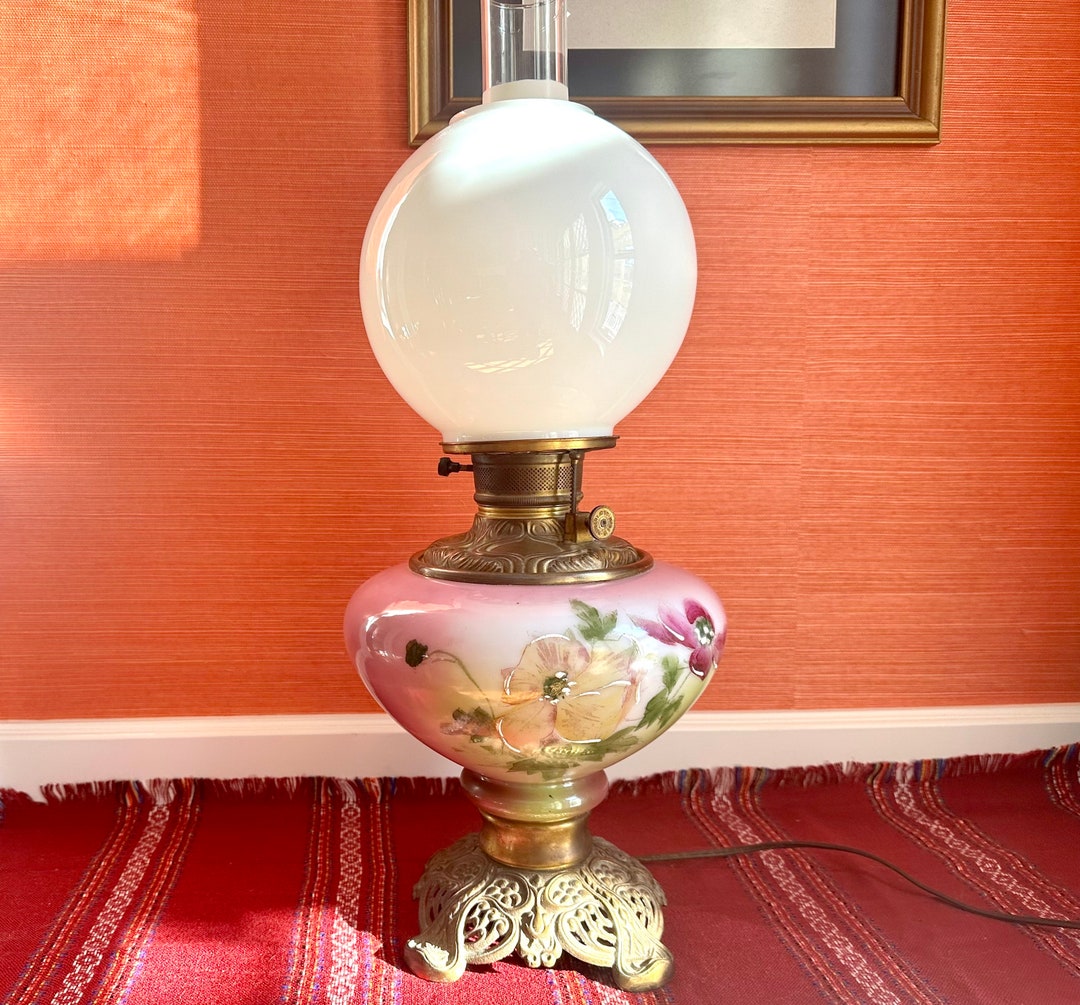 Antique Oil Lamp Converted to Electric Victorian Parlor Hand Painted Lamp GWTW Light Complete