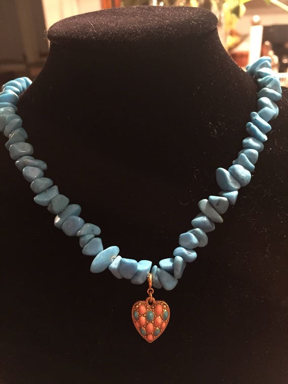 26" Genuine Turquoise Necklace With Gold Heart Pe… - image 9