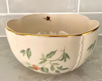 Lenox Morningside Cottage Round Bowl 24K Gold Trim Candy Dish Nut Bowl Treat Bowl Bumble Bee Butterfly Giftware