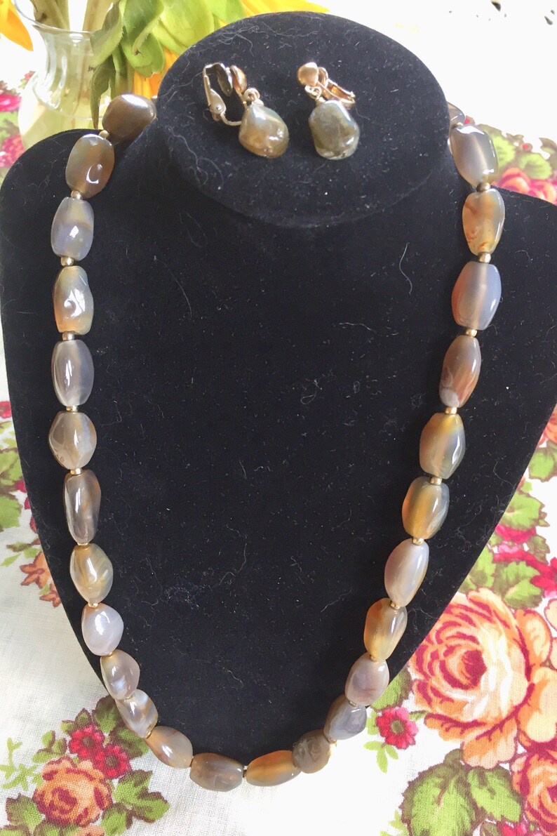 Midcentury Russian Grey Moonstone Necklace and Clip On Earrings Set OL28