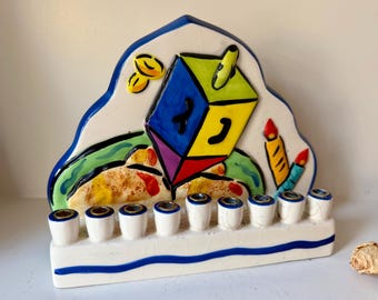 Colorful Ceramic Chanukah Hanukkah Menorah Aviv Imports Painted Hebrew Hanukkiah Judaica